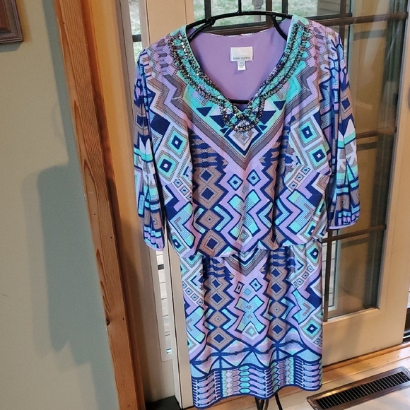 Donna Morgan Geometric Bold Patterned Dress w Beaded Neckline Lined Sz 14 Dress - Picture 1 of 10